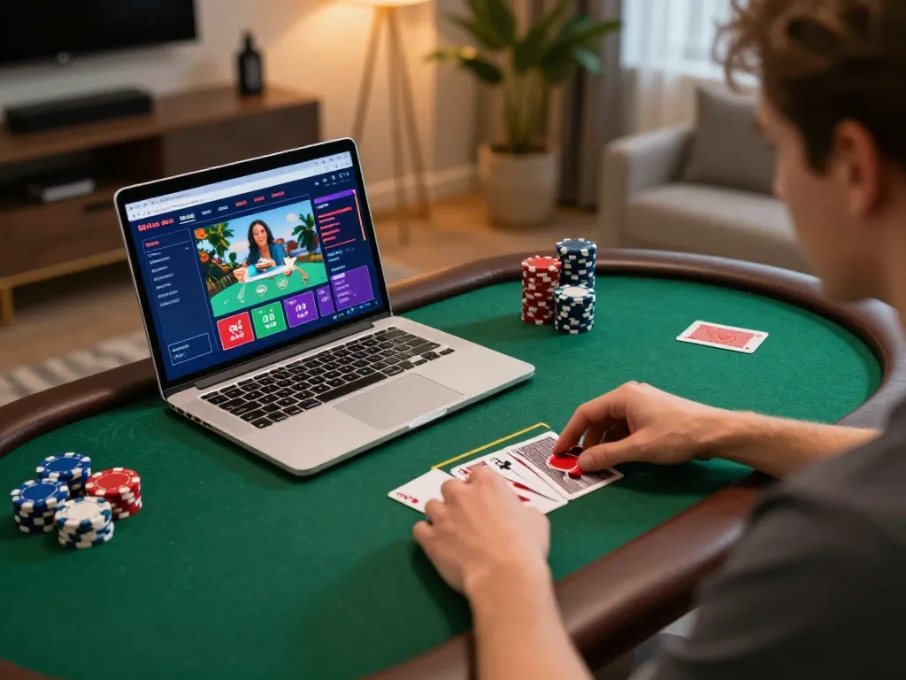 Engaging in online casino strategies with open888 on laptop at home, vibrant atmosphere