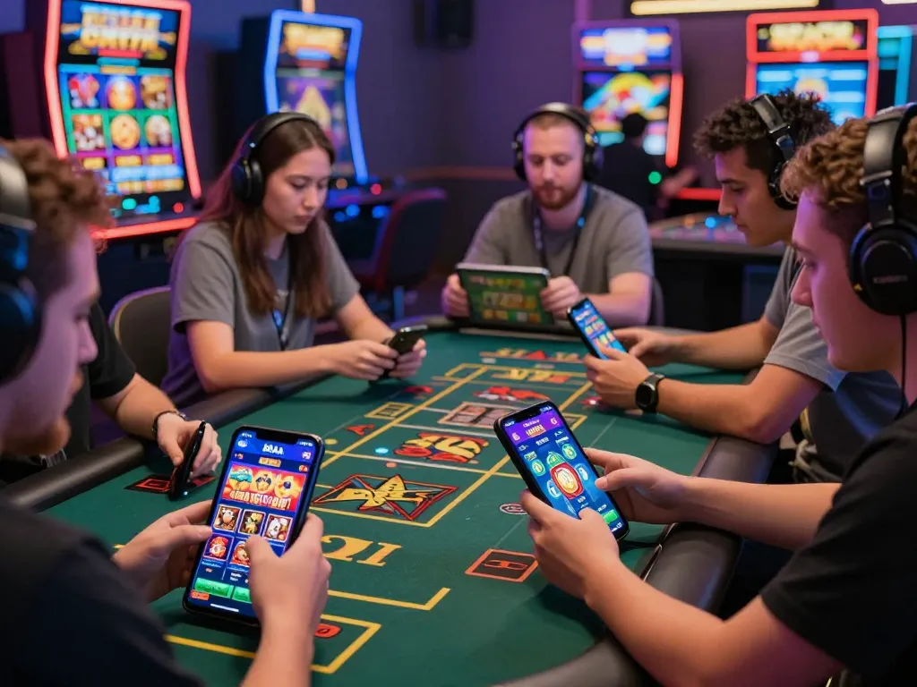 Engaged players enjoying 88aa bet đăng nhập on smartphones and tablets in a vibrant online gaming atmosphere.