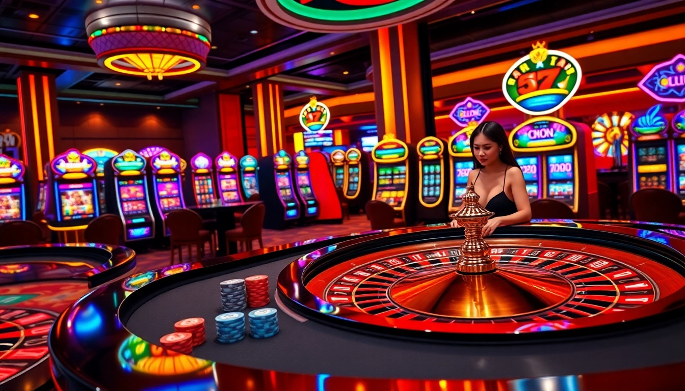 Experience the excitement of Nhà Cái SC88 Nổ Hũ with vibrant casino visuals showcasing roulette and slot games.