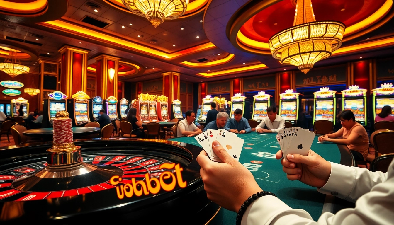 Exciting scene capturing the thrill of gambling at a casino featuring shbet là gì? with poker games and vibrant slot machines.