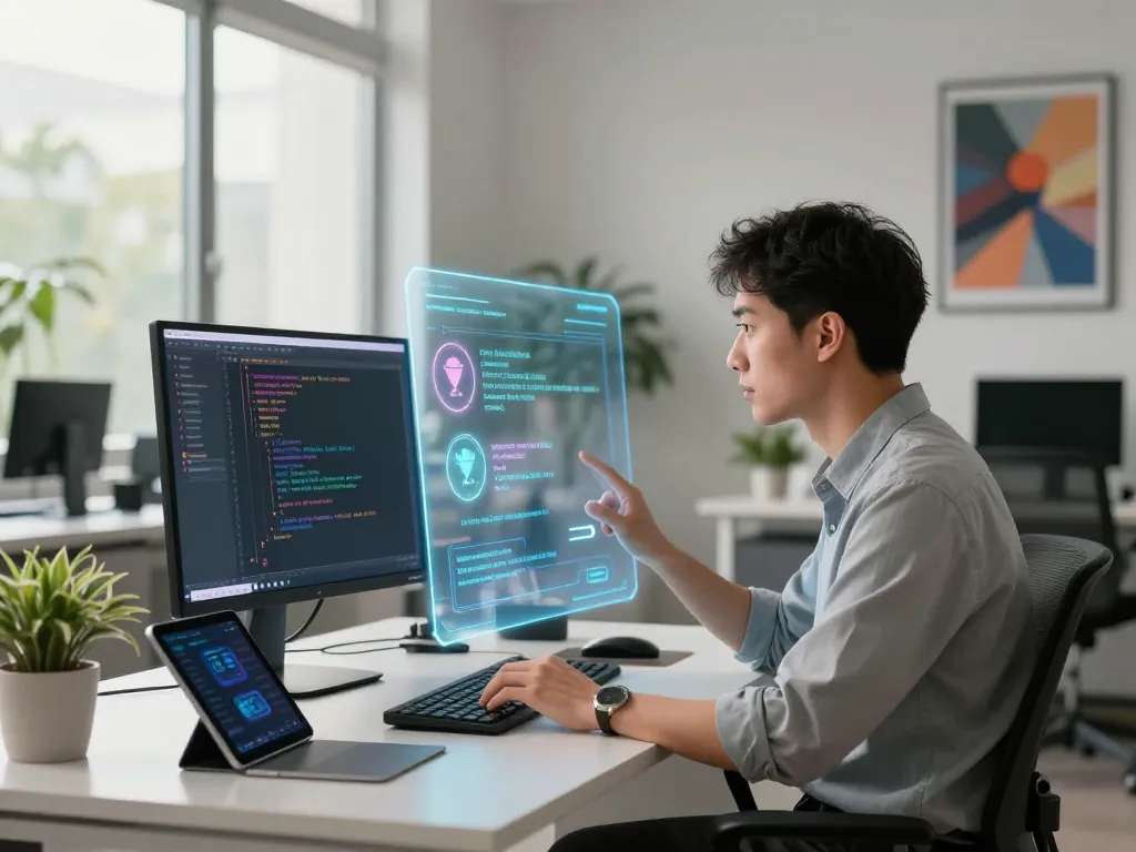 Engaging with juicy ai in a virtual workspace featuring holographic interface and modern devices