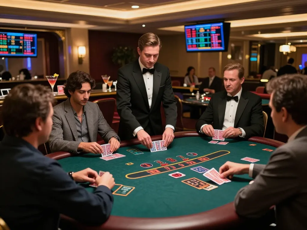 Open888 players strategizing at a blackjack table, enjoying the lively casino atmosphere.