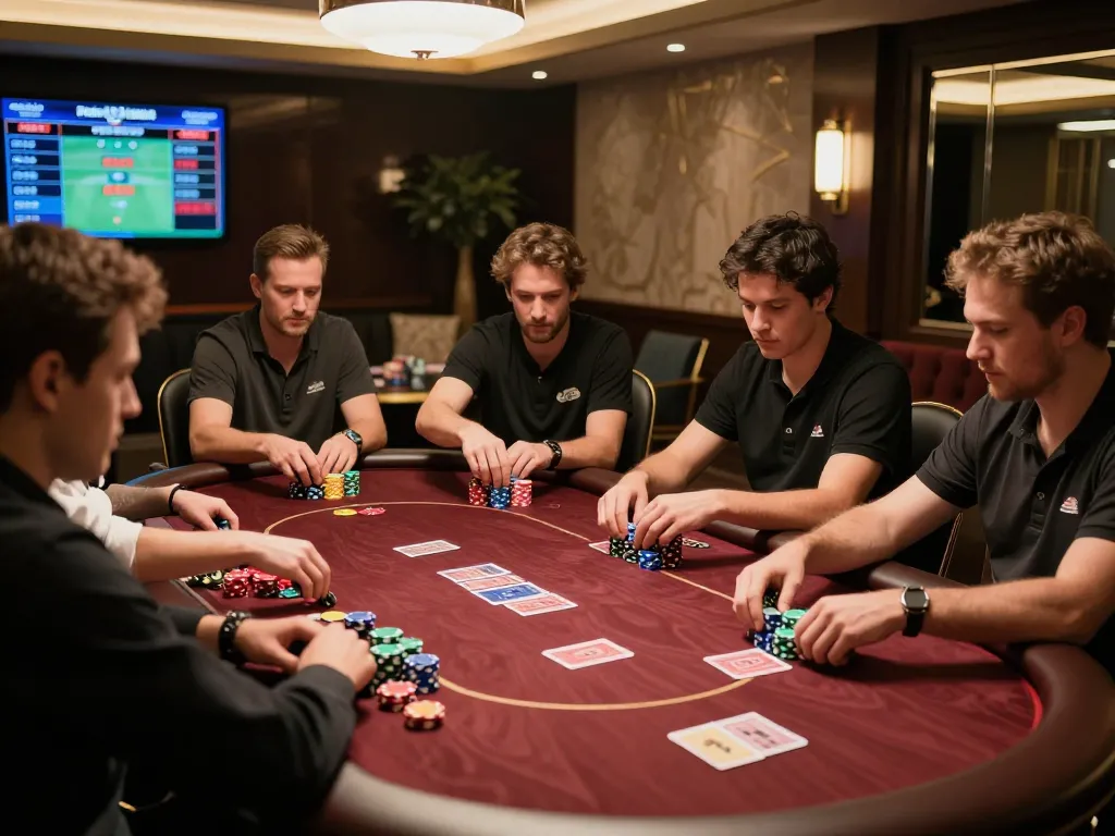 KONG88 players engaged in a high-stakes poker game with vibrant chips and cards amid an elegant gaming atmosphere.