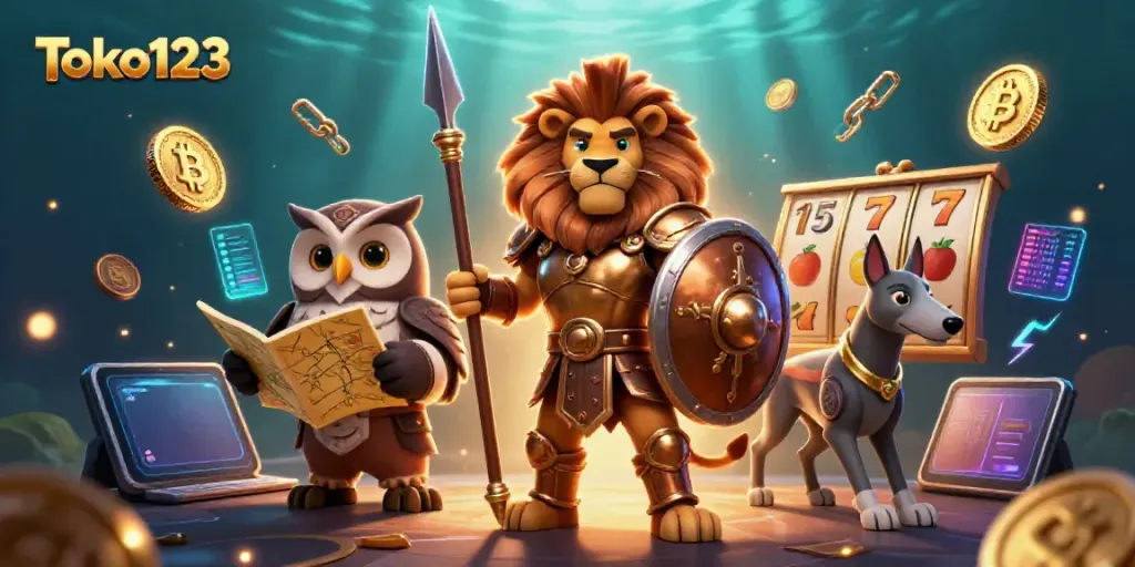 Spin and win with Toko123 on slot machines featuring charismatic characters and crypto elements.