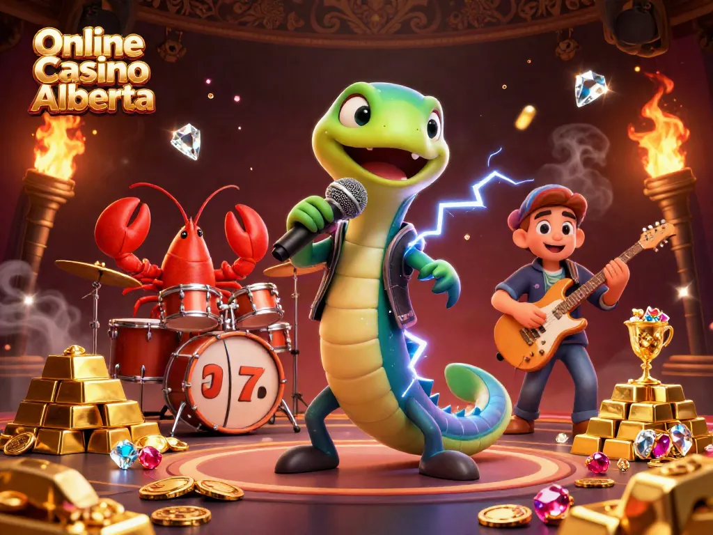 Experience vibrant entertainment with Online Casino Alberta's electric eel DJ, slot reels, and underwater charm.