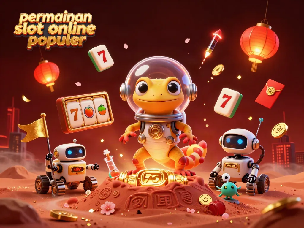 Menggandakan permainan slot online populer yang menampilkan gecko Mars dengan kasino emas, simbol slot, dan lampion merah.