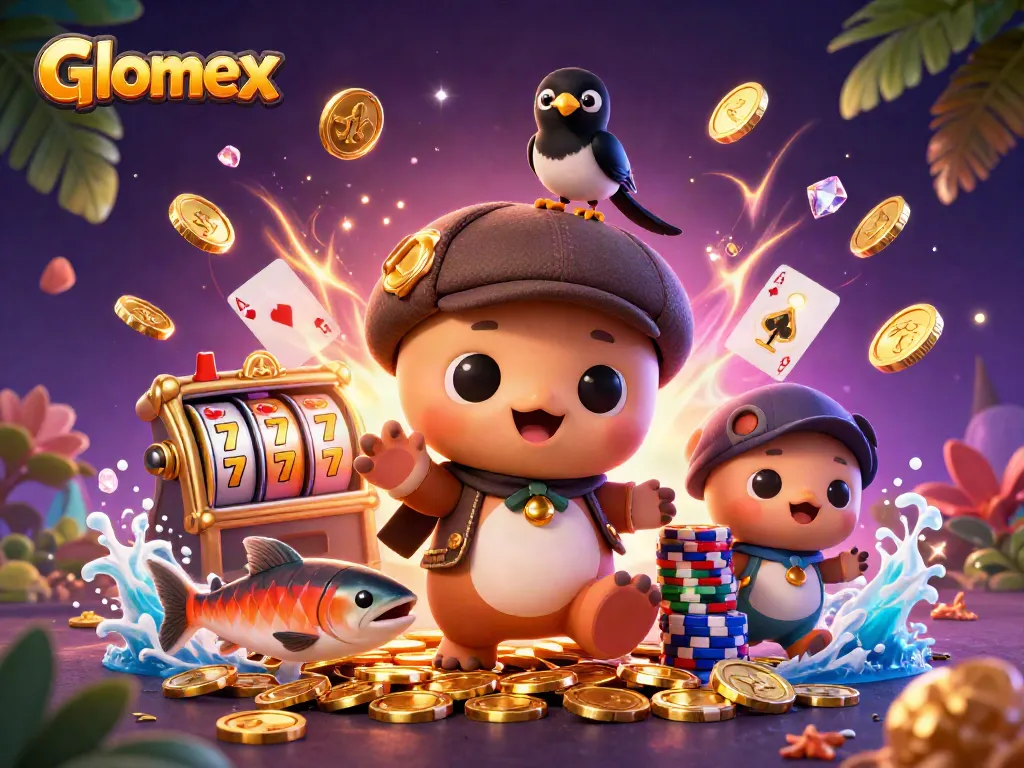 Spin the reels with Glomex: enchanting 3D illustration of a whimsical scene filled with playful characters.