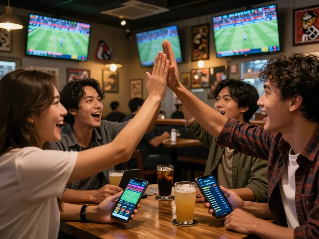Friends enjoying sports betting together with Ty le keo nha cai displayed on their smartphones, capturing the excitement of live betting.