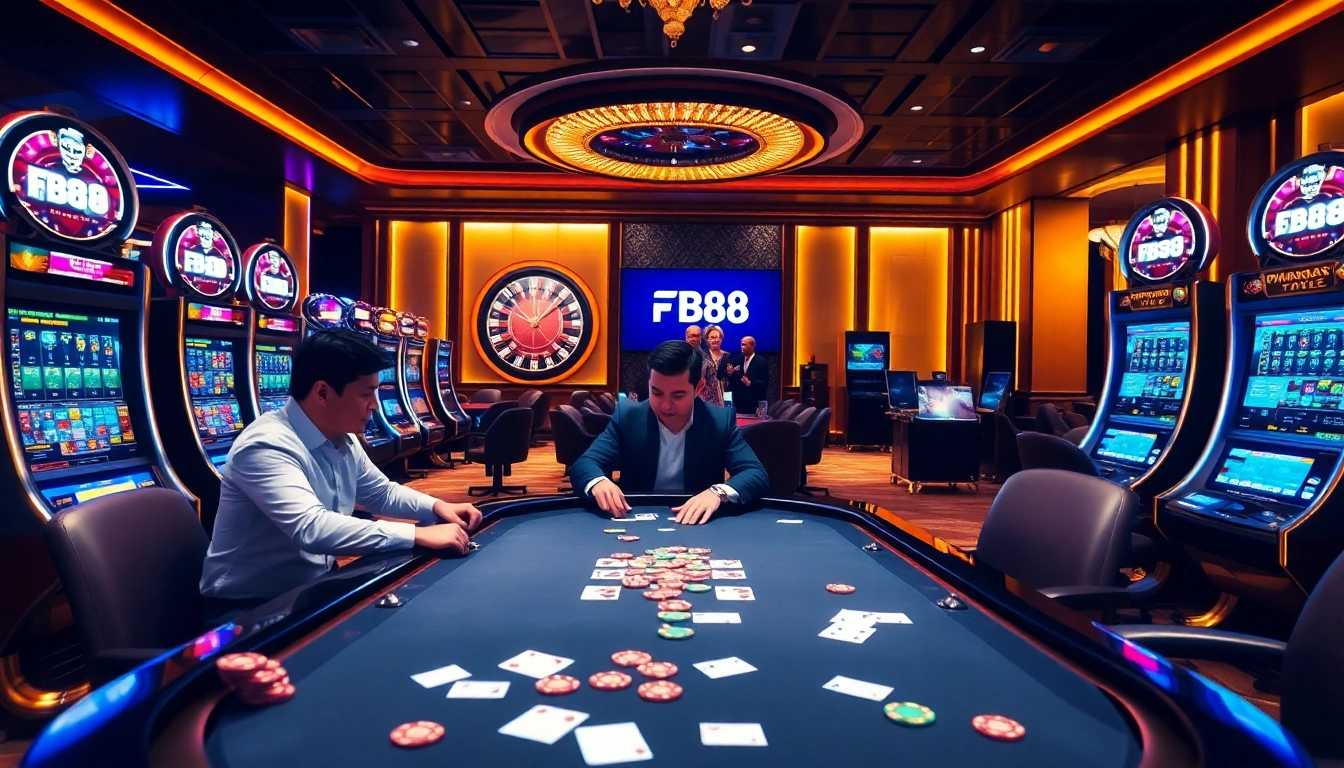 FB88 online gamblers enjoying an exciting round of poker at a luxurious casino table.