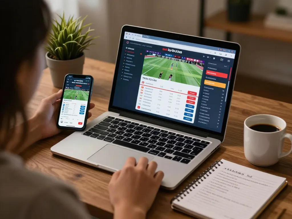 Engaging in sports betting with soi kèo nhà cái displayed on a laptop screen and mobile app.