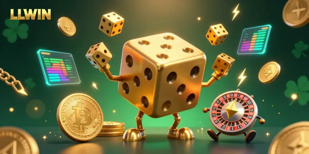 Experience the thrill of LLWIN with a vibrant 3D illustration featuring a golden dice character and crypto elements.