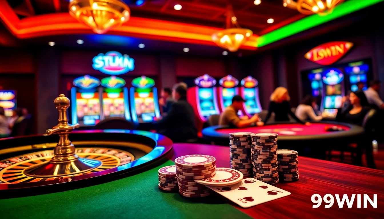 Experience the excitement of casino gaming at 99WIN with vibrant poker tables and roulette wheels.