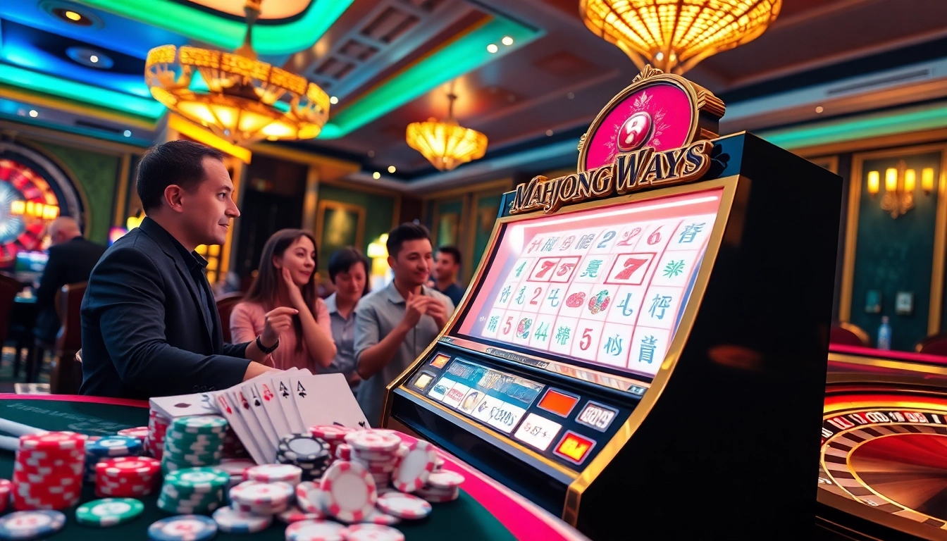 Players enjoying the excitement of slot mahjong ways at a luxurious casino, surrounded by rich colors and winning elements.