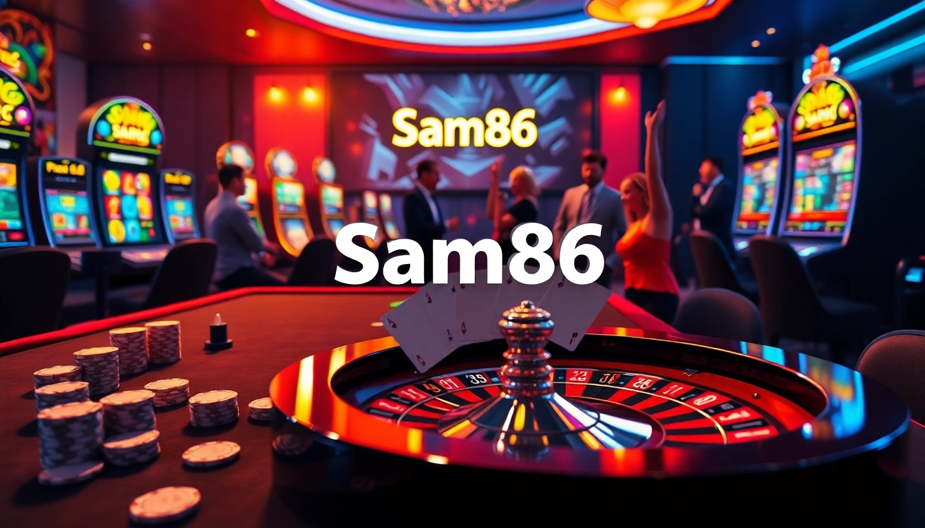 Experience the excitement of Sam86 with a luxurious casino setting featuring engaging games and vibrant players.