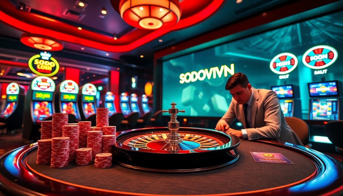 SODO66VN poker chips and roulette wheel in a vibrant online casino scene