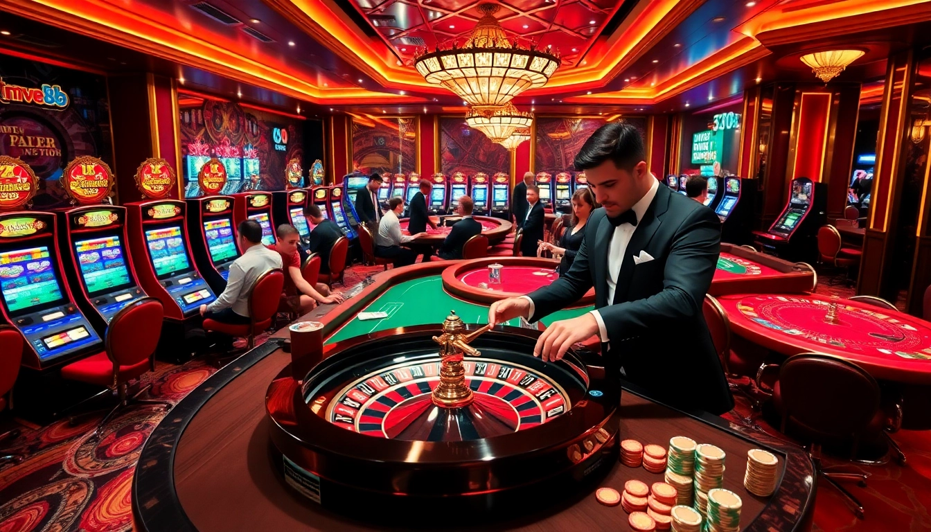 Exciting casino action with gamblers at a roulette table and mv88 elements in a luxurious setting.