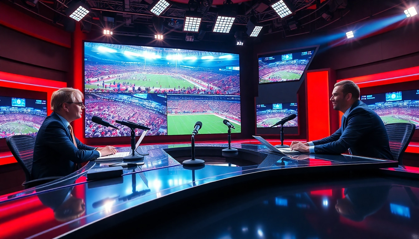 Engaging sports broadcasting studio scene featuring hosts discussing live events and highlights.