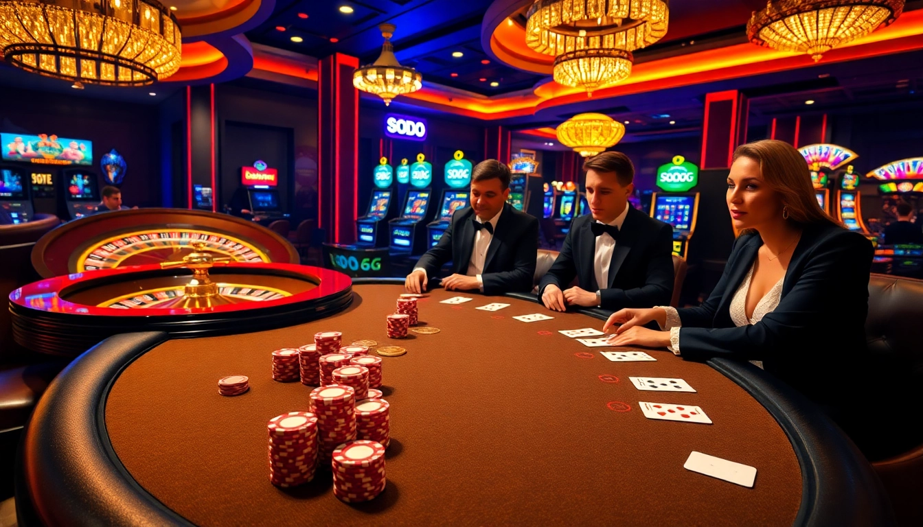 Engaged players enjoying high-stakes poker at SODO66 casino with vibrant atmosphere.