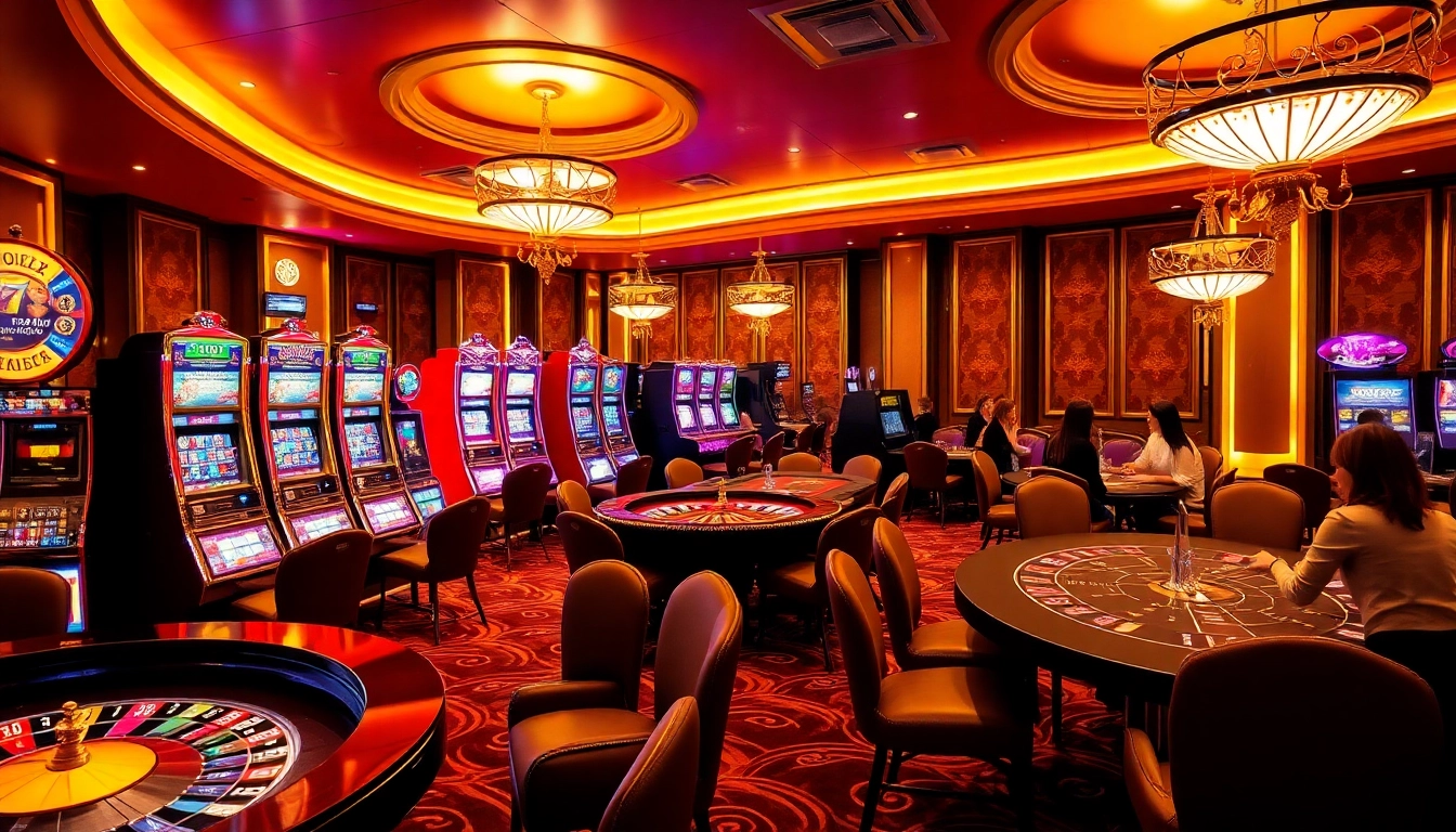 A dynamic casino scene with players at slot machines and a roulette wheel at http://febet7.club/, capturing excitement and elegance.