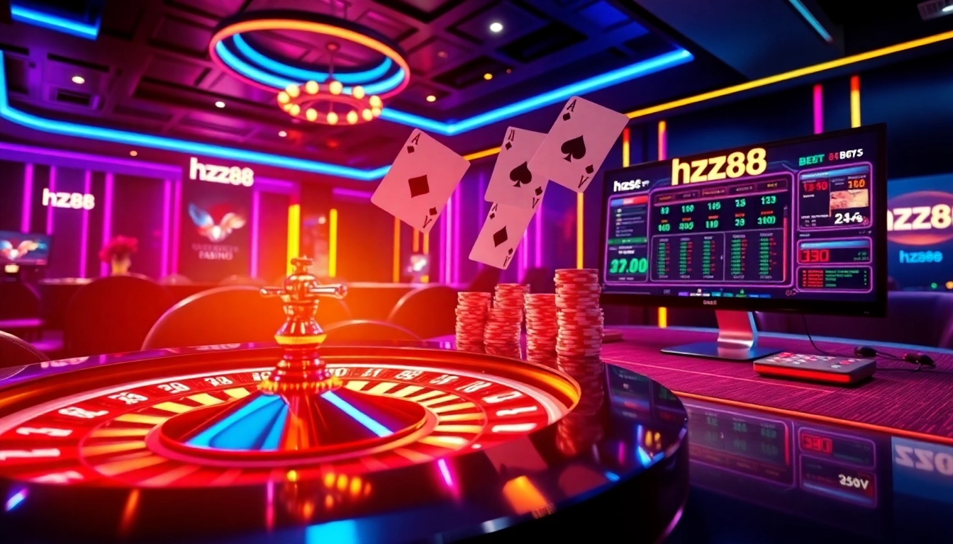 hz88 platform showcasing live roulette spin, poker chips betting action, and real-time odds overview