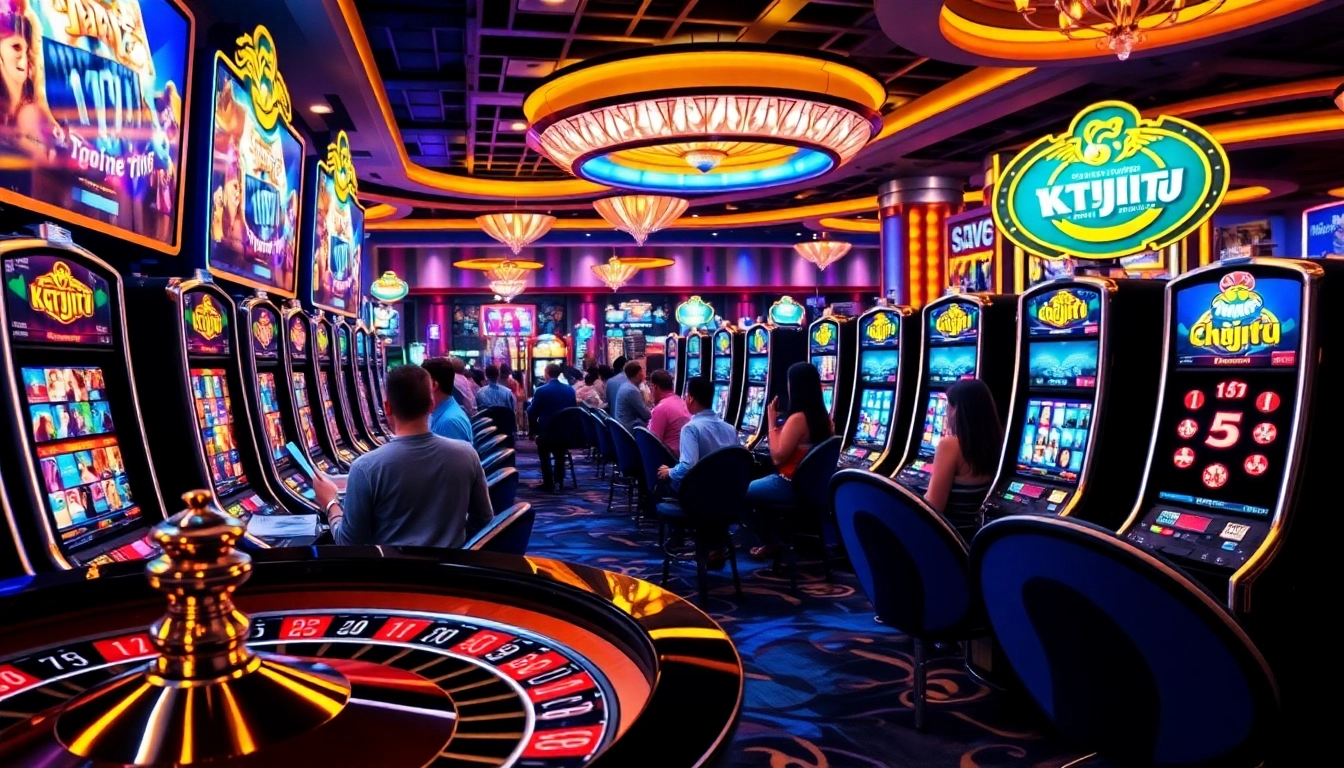 KTPJITU players celebrating wins at slot machines in a vibrant casino atmosphere.