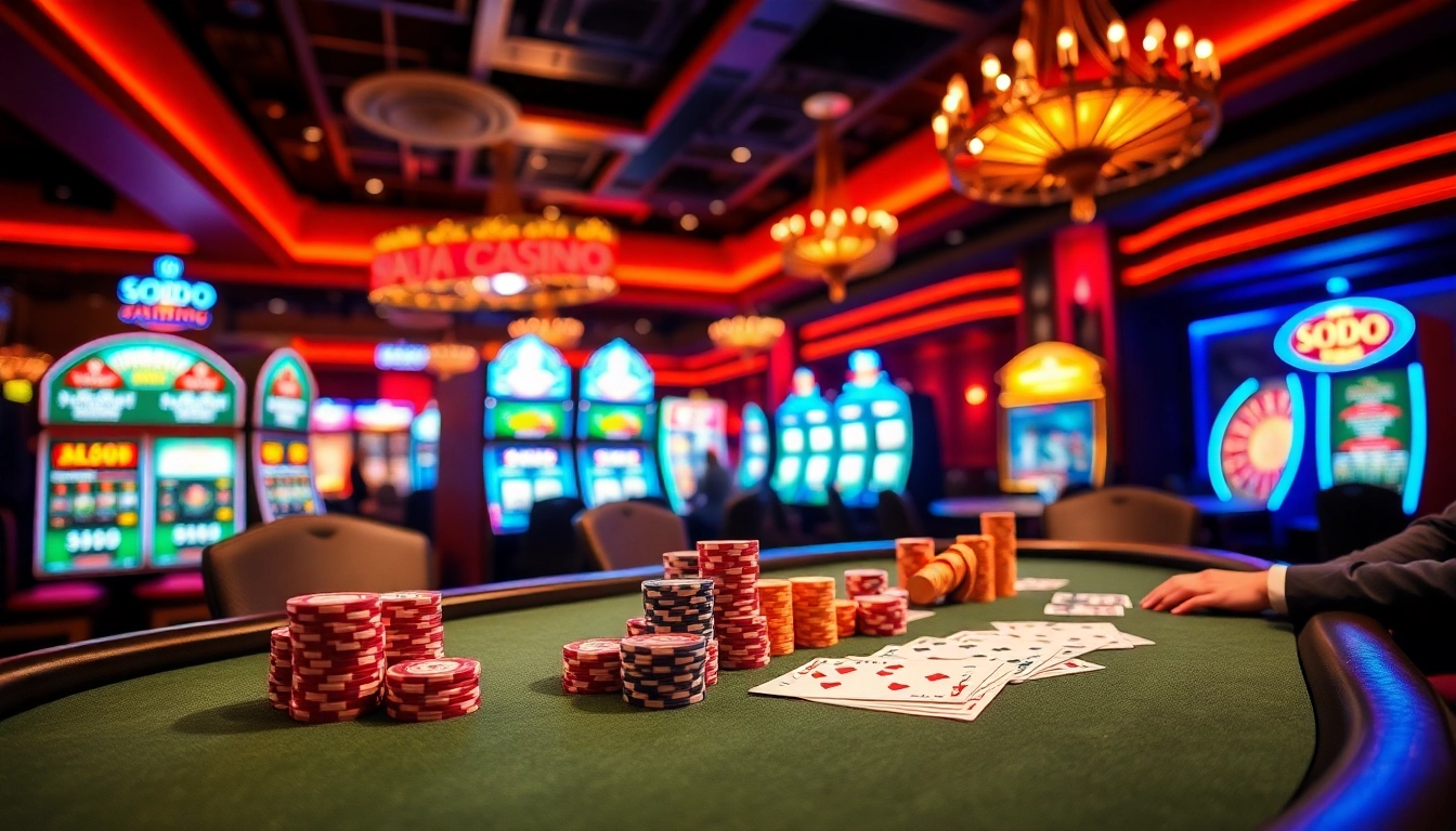 Enjoying a thrilling poker game at SODO CASINO, showcasing vibrant chips and cards.