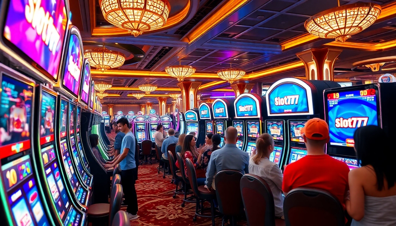 Experience thrilling wins at slot777 login with vibrant slot machines and excited players.