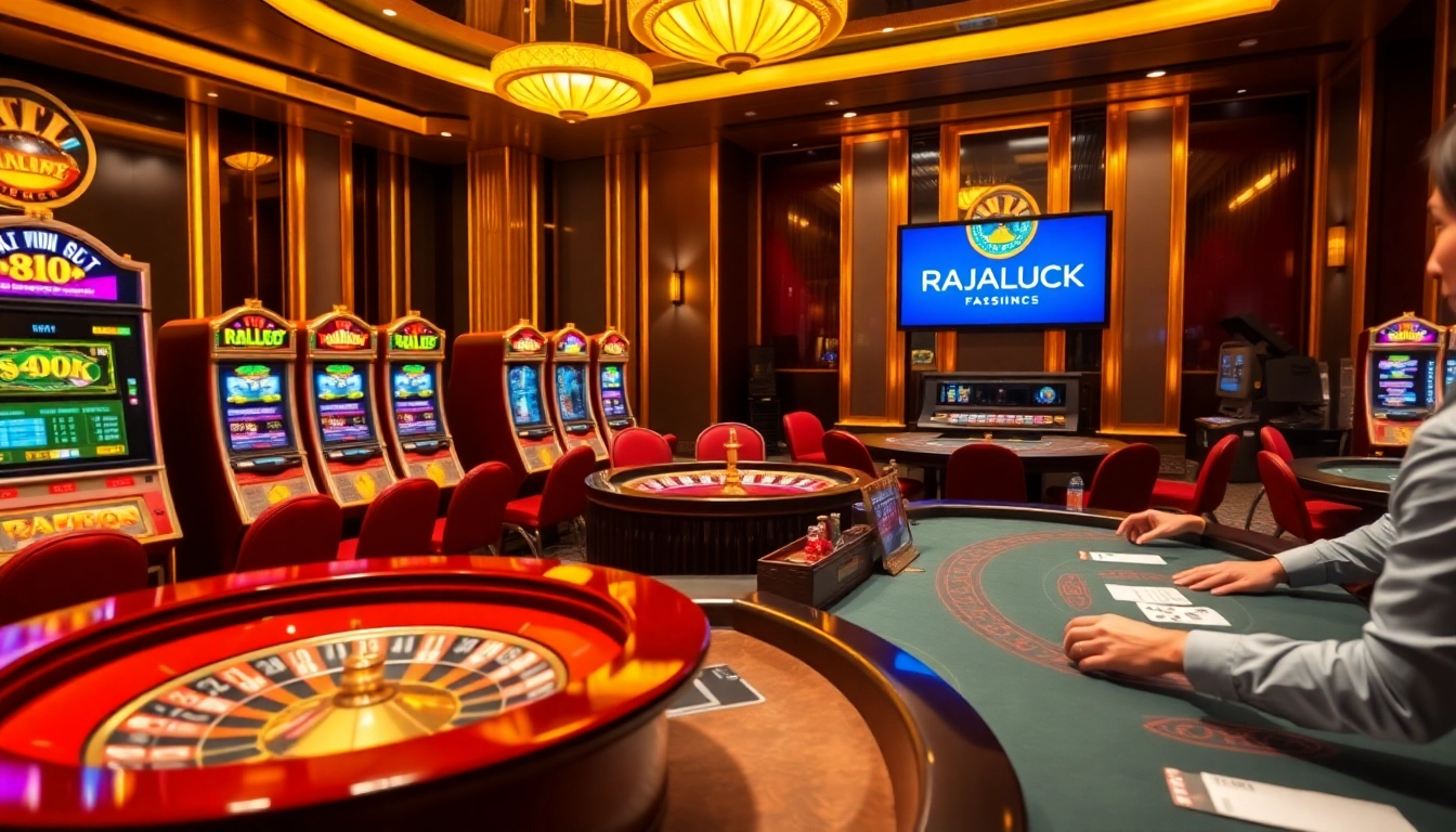 Players enjoying a thrilling gambling experience at RAJALUCK casino with vibrant slot machines.
