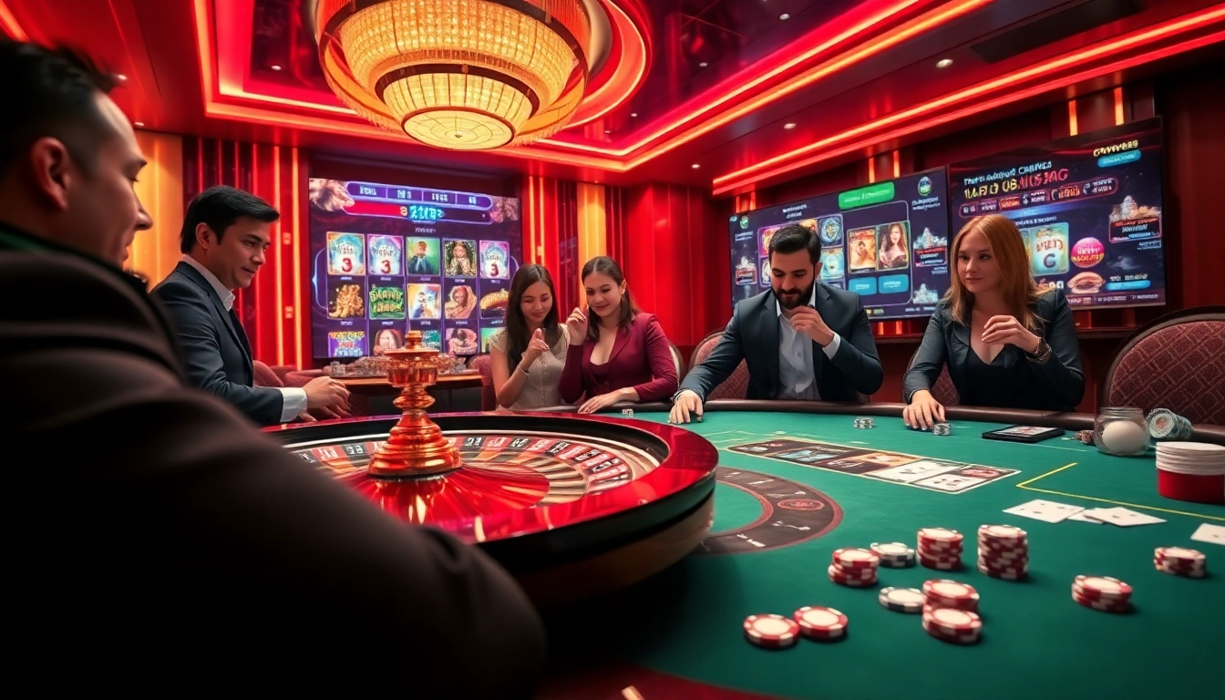 Engaging casino scene showcasing excitement at https://onew88.com/ with poker tables and roulette wheels.
