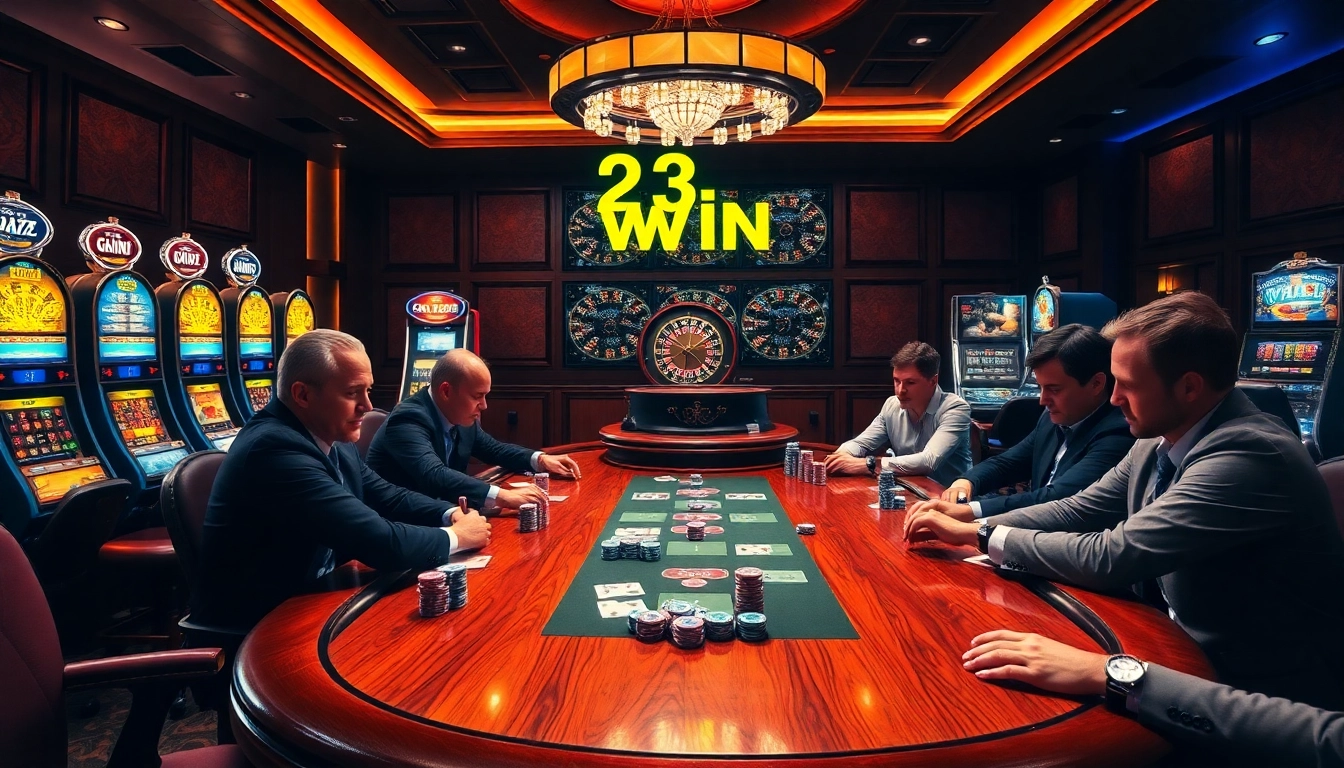 Players at a poker table experiencing the thrill of a 23 win moment in a luxurious casino setting.