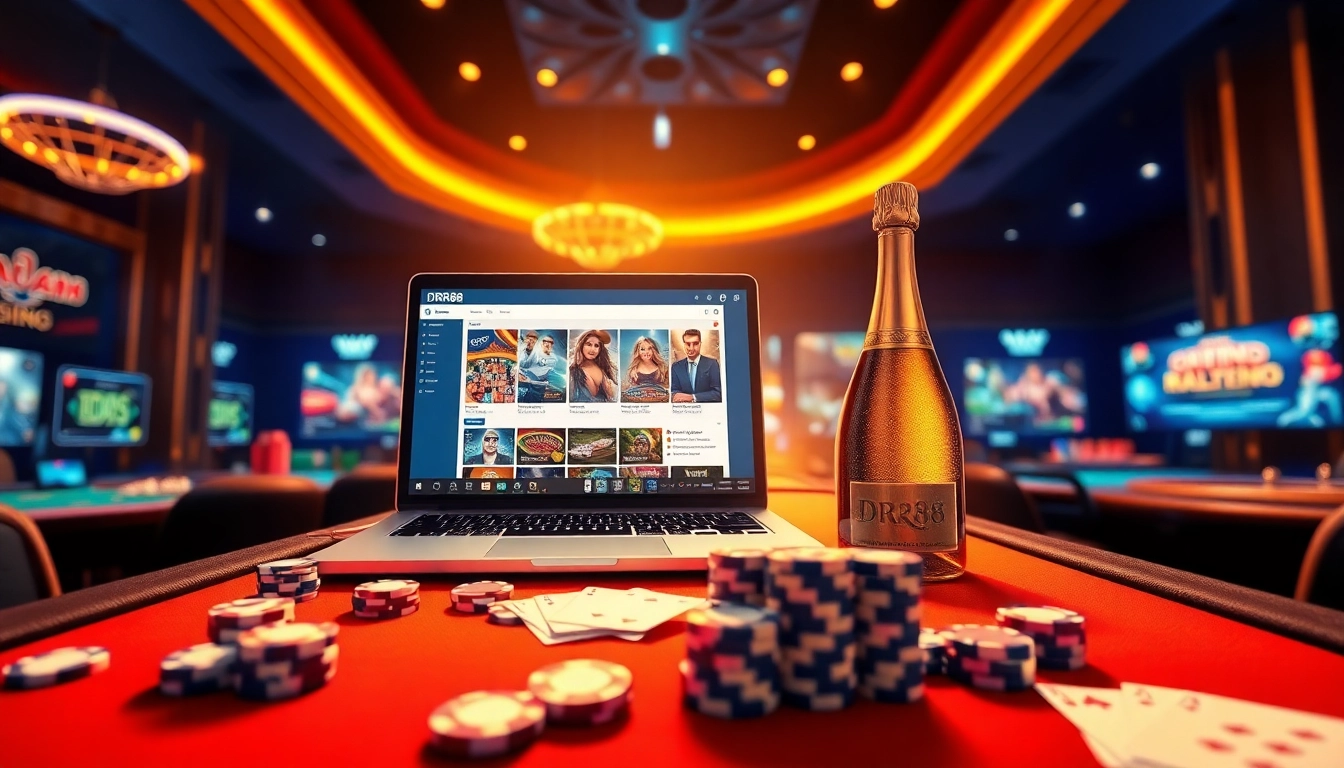 The DR88 app shown on a sleek laptop surrounded by vibrant casino elements, showcasing a rich gaming experience.
