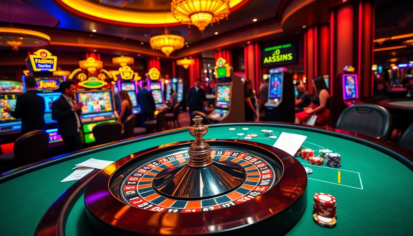 Experience thrilling idn slot gameplay with vibrant machines and excited players in a luxurious casino setting.