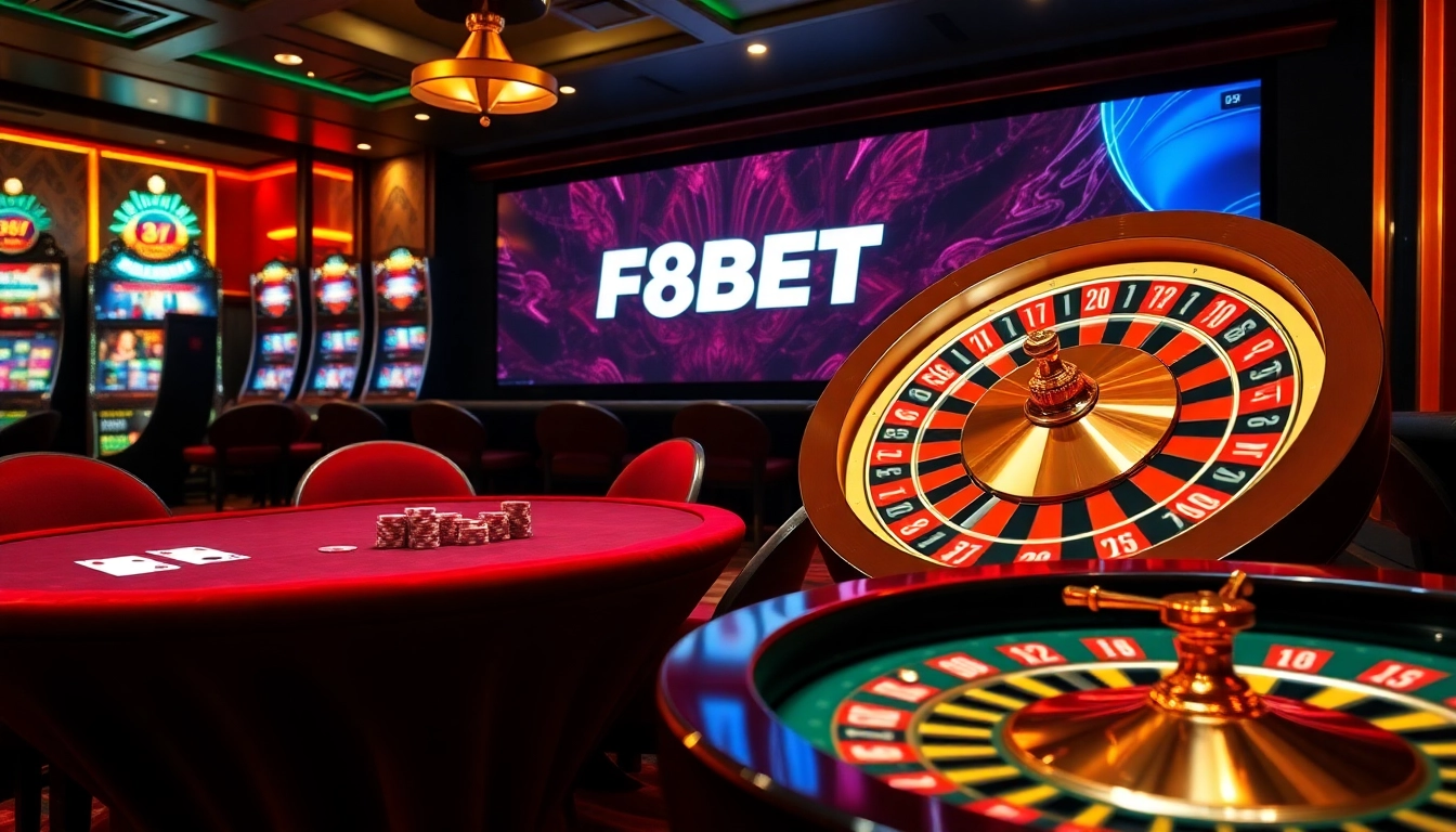 F8BET casino experience with poker tables, vibrant slot machines, and roulette wheels.