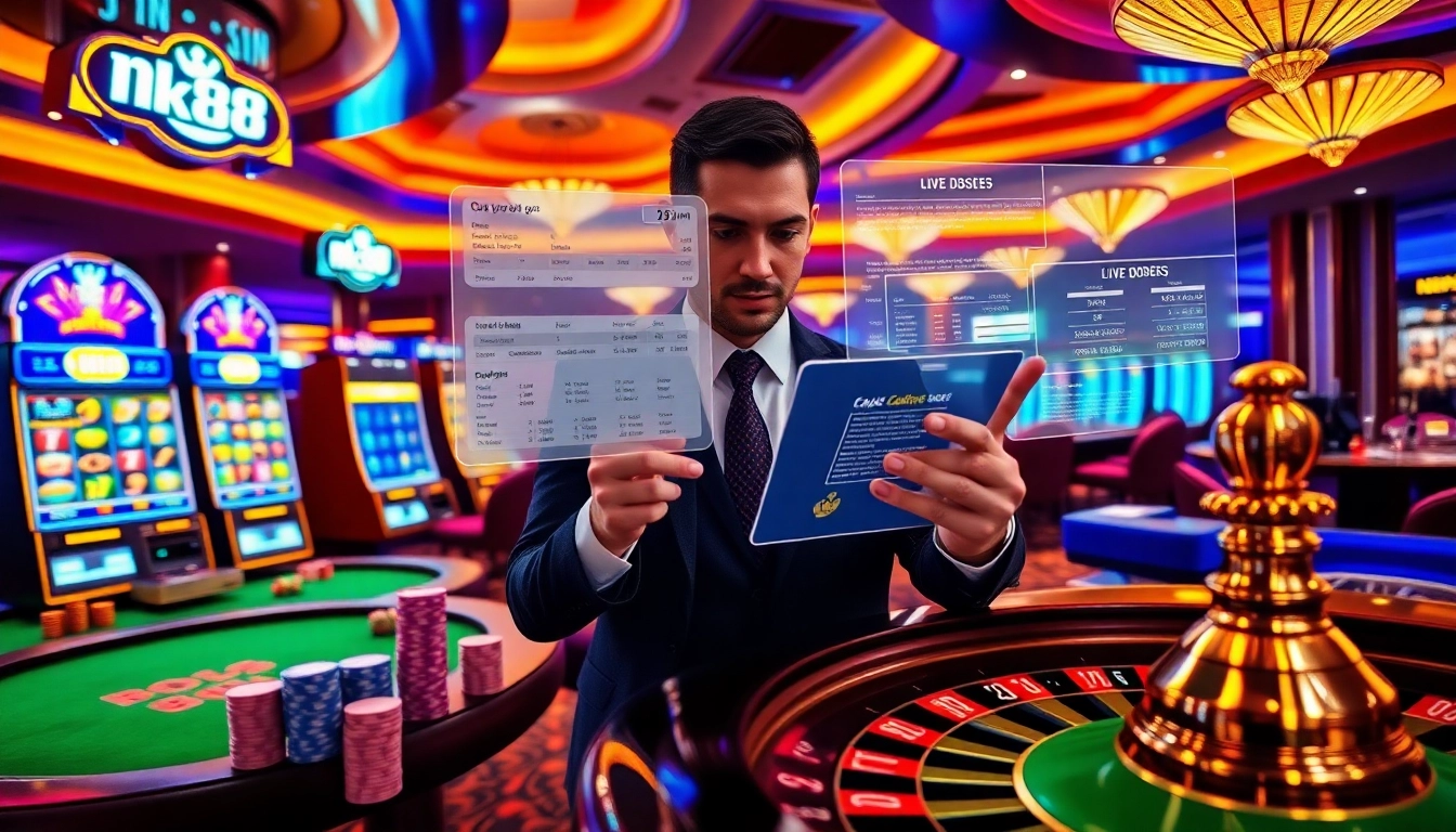 Engaging nk88 online casino action with spinning slots, poker chips stacking, and roulette wheel in motion